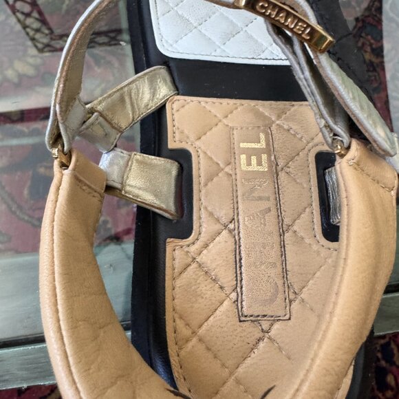 Chanel Dad Sandals Black White Tan Holographic Strap Euro Size 38 US Size 7.5 - Picture 9 of 13